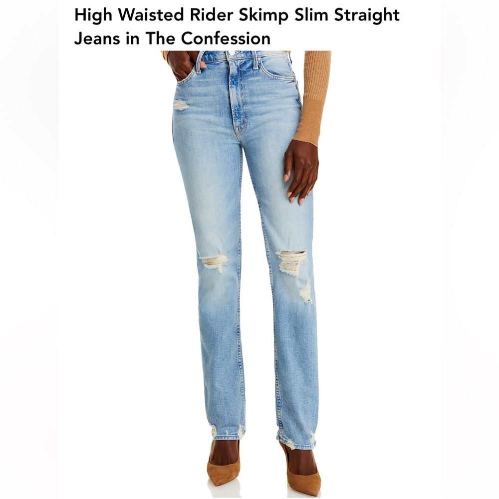 MOTHER Light Blue Straight Leg Jeans with Distressed Knees